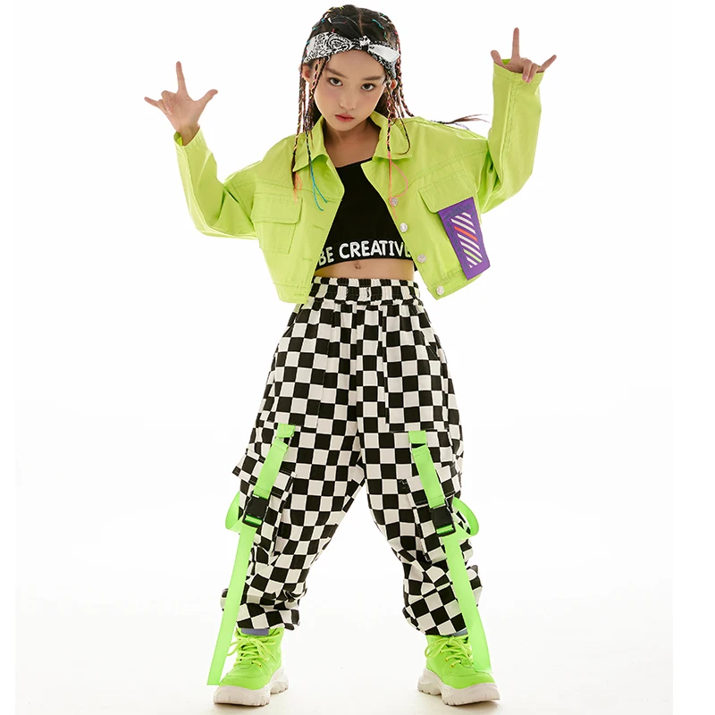 Girl Dance Costume Children Costumes Hip Hop Costume Jazz Dance Kpop Outfit Stage Wear Fashion Girls Clothes Green Jacket Checkered Pants Long Sleeves Kids
