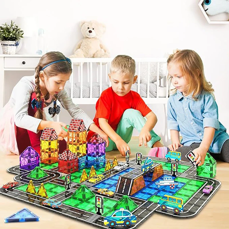 Magnetic Tiles Road Car Games Kids Toys Construction Set Connected Building Blocks STEM Activities Learning Open-ended Toys Boys magnetic building blocks magnetic assembly toy