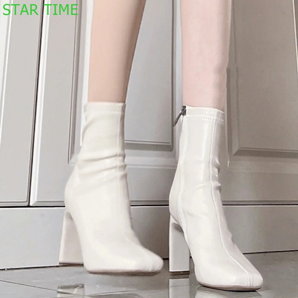 

White Square Toe Chelsea Boots 2024 Spring New Zipper Thick High Heel Short Boots Fashion Women Ankle Boots