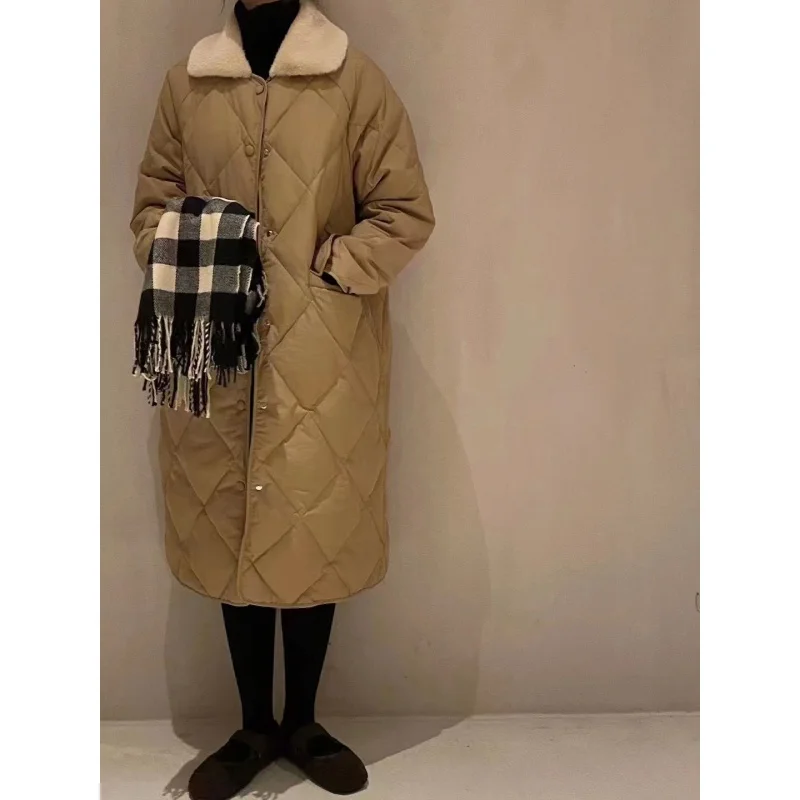 

Winter 2023 New Woolen Collar Extended down Jacket Women's White Duck down over the Knee Rhombus Plaid Loose High Quality Coat