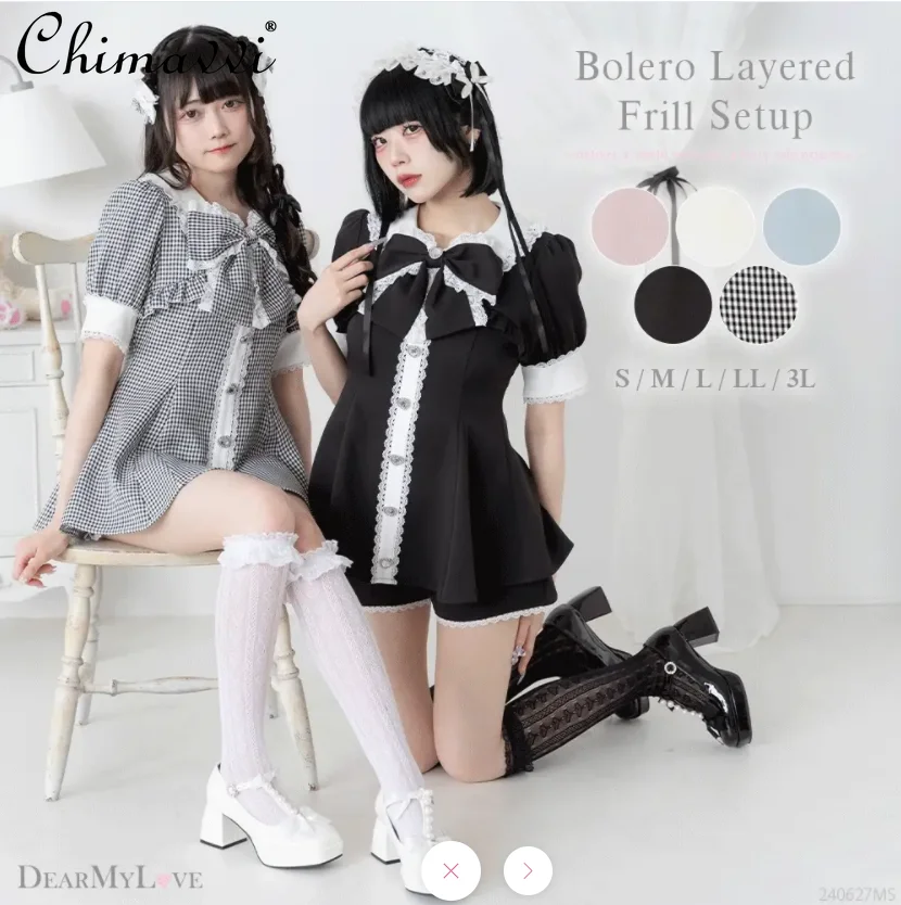 Japanese Lolita Sweet Top and Shorts Suit Summer New Slim Waist Big Bow Lace Edge Short Sleeve Shirt Dress Shorts Girl's Outfits