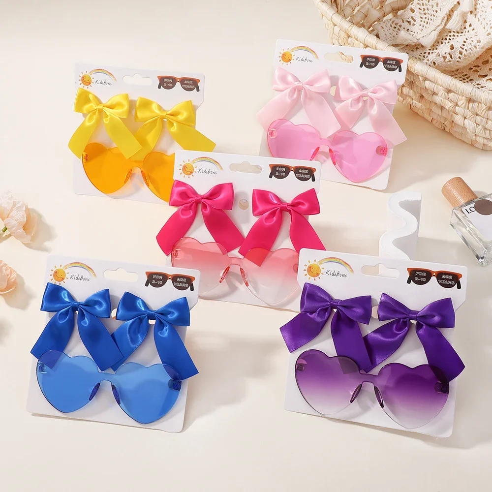 

Children Headwear Glasses Set Solid Soft Bowknot Head Bands Girls Lace Barrette Retro Sunglasses Kids Hair Clip Hair Band Sets