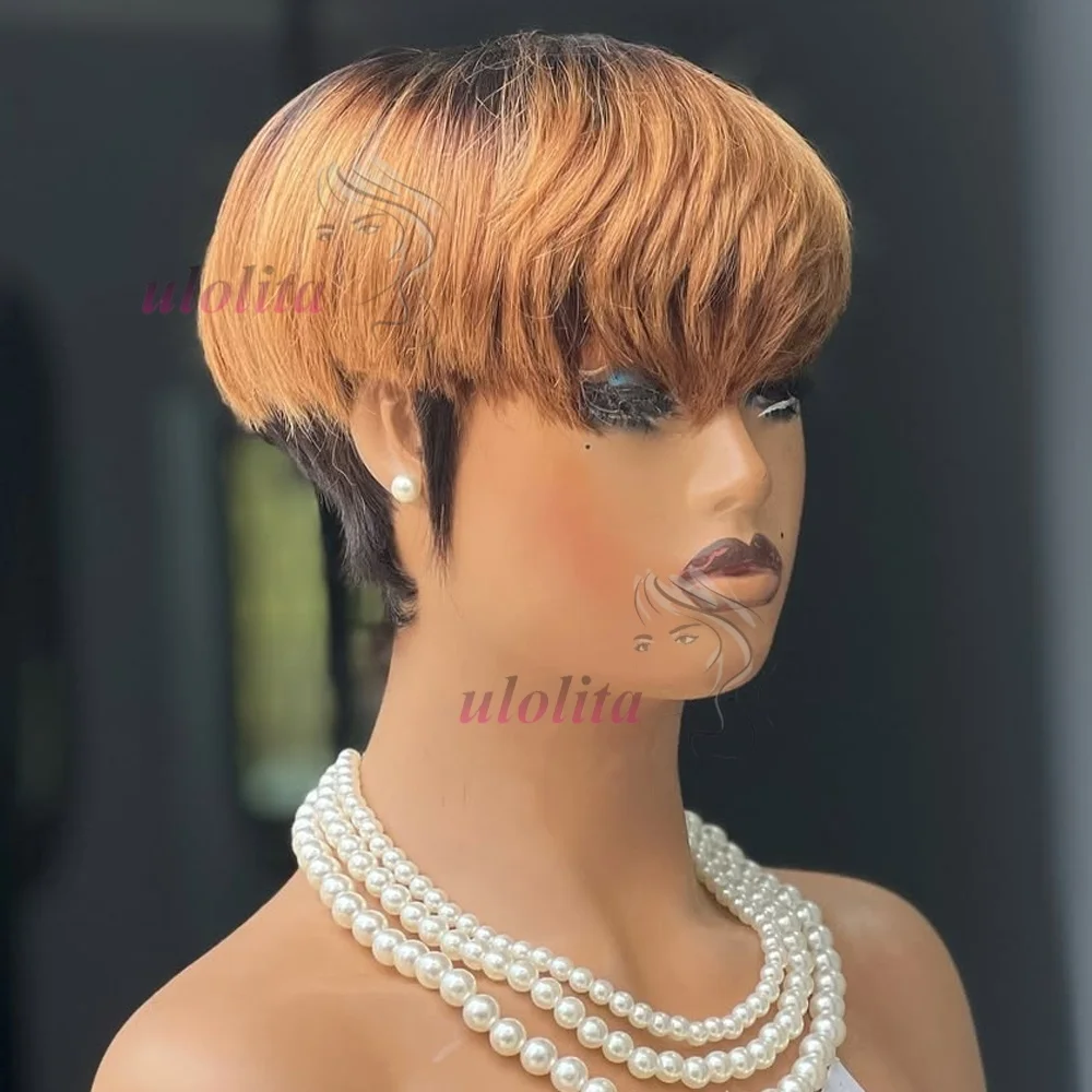 Short Straight Bob Wig Pixie Cut Wig Human Hair For Black Women With Bangs Brazilian Virgin Hair Non Lace front Cheap Black