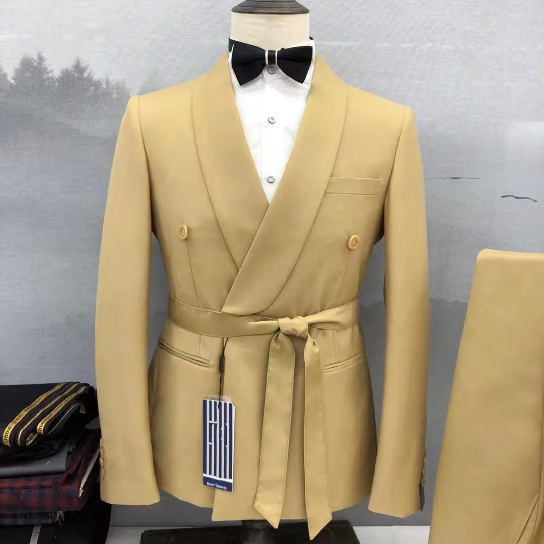 Fashion Light Blue Wedding Suits Men Paired with Belt Formal Groom tuxedos Shawl Collar Prom for Male Blazer Slim Fit