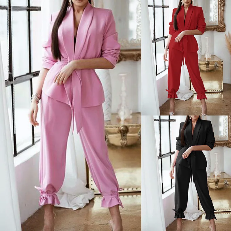 

Women Two Pieces Set Round Neck Elastic Waist Wide Long Leg Pants Solid Loose Casual Office Ladies Slim Fit 2023 Autumn