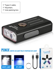 Compact Trustfire Minix Mini EDC Flashlight with UV and Red Light, USB Rechargeable, Colorful Gift, 2-Mode LED Keychain Torch - Li-Polymer Battery (Black wihte and UV)