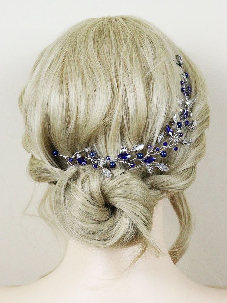 Blue Rhinestone Headband Handmade Pearls Women Head Jewelry Party Prom Wedding Hair Accessories for Bride Headdress Hair Vine