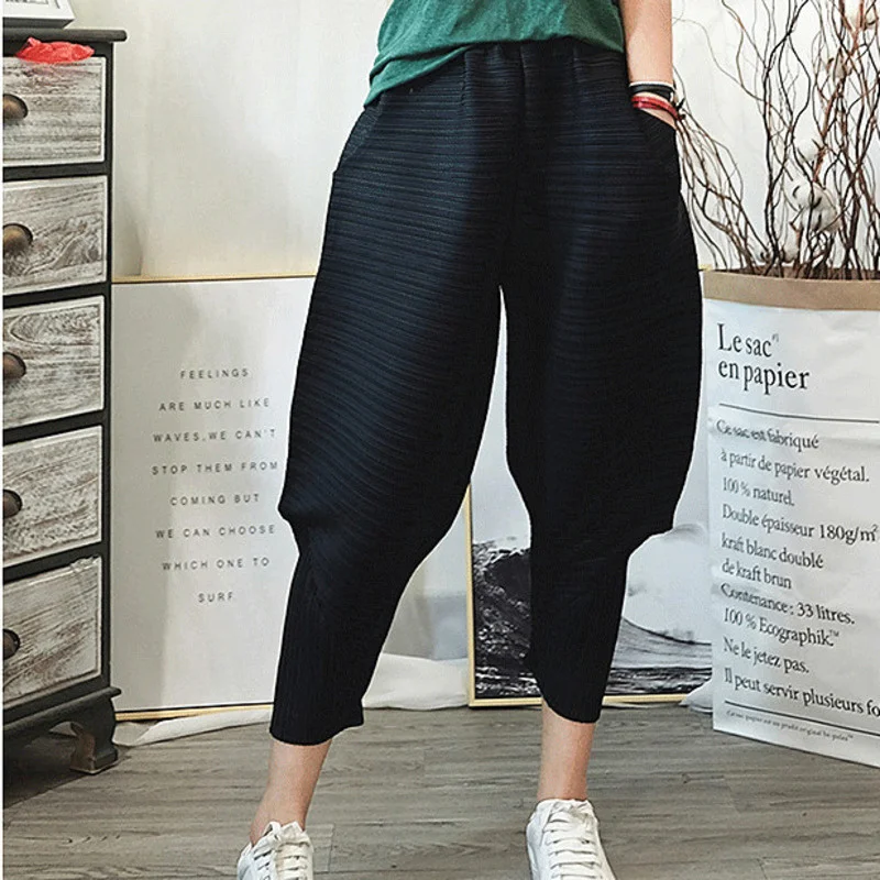 LANMREM Harem Pants For Women Elastic Waist Solid Color Pockets Pleated Trousers Female Casual Style 2023 Autumn New 2P2228