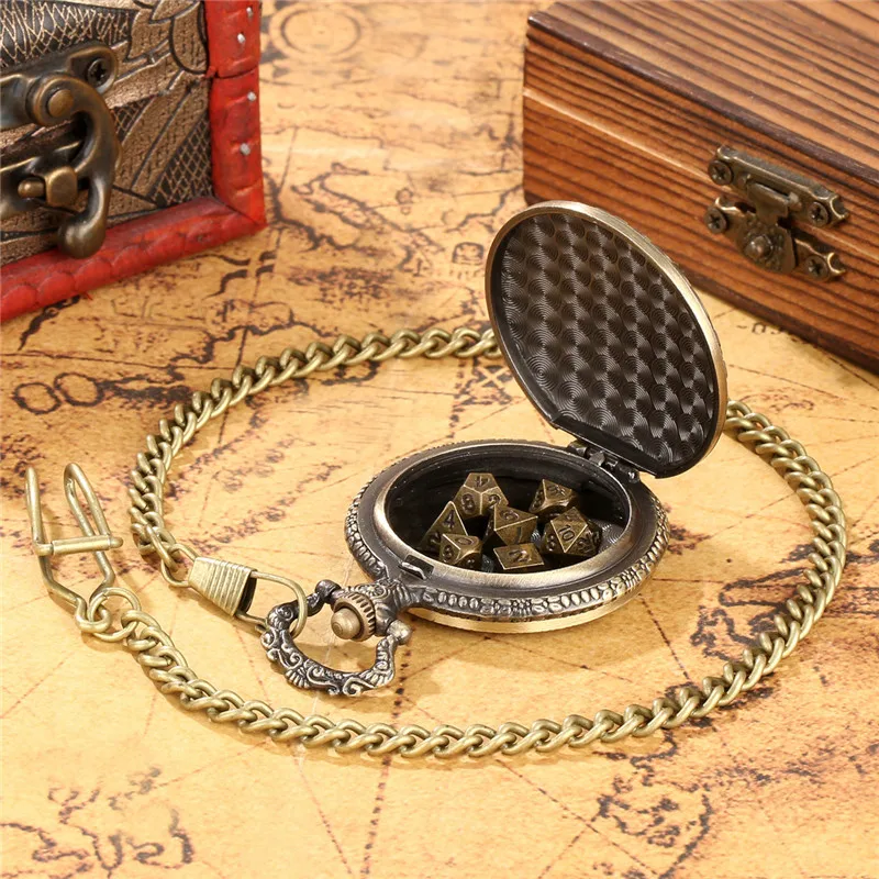 7 x Mini Size Metal Polyhedral Dice Set Role Play Accessory Steampunk Dragon Eye Design Empty Pocket Watch Case Fob Chain