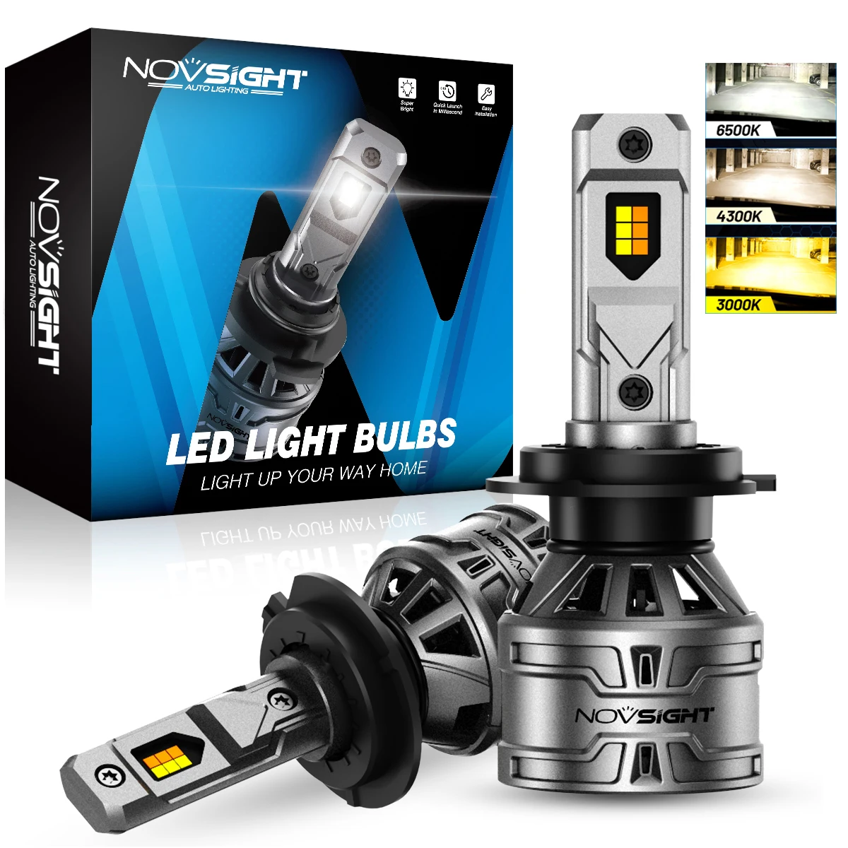 NOVSIGHT 9012 자동차 전조등 전구, H7 LED, H4, H11, H8, H9, 9005, HB3, 9006, HB4, 6500K, 4300K, 3000K, 3 색 전조등, 60W, 13000LM