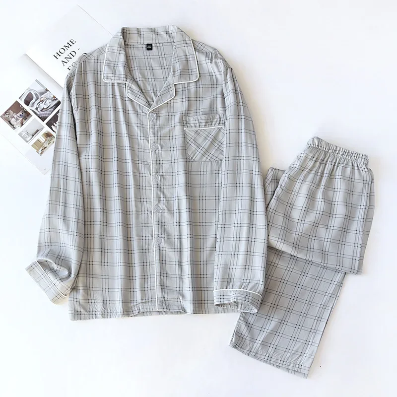 New spring and autumn men's 100% viscose pajamas long-sleeved trousers summer thin cotton plaid home service two-piece suit men