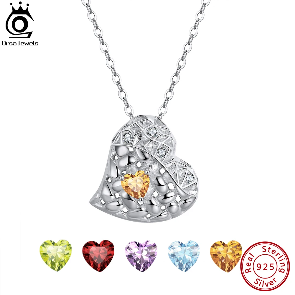 

ORSA JEWELS Natural Gemstone Heart Pendant 925 Sterling Silver Necklace Garnet Amethyst Citrine Topaz Necklace for Women GMN24