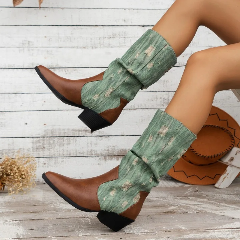 

Shoes for Women 2023 Winter New Design Women's Boots Fashionable Pointed Toe Cowboy Boot Street Retro Casual Lady Mid Calf Boots
