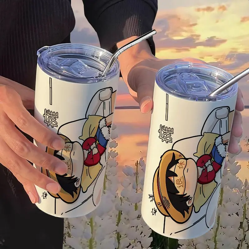 thumbnail image 1 of Botella de agua de One Piece Monkey D. Luffy Roronoa Zoro, taza de café con pajita, 420 ml, acero inoxidable, dibujos animados de anime, portátil, 1 of 5