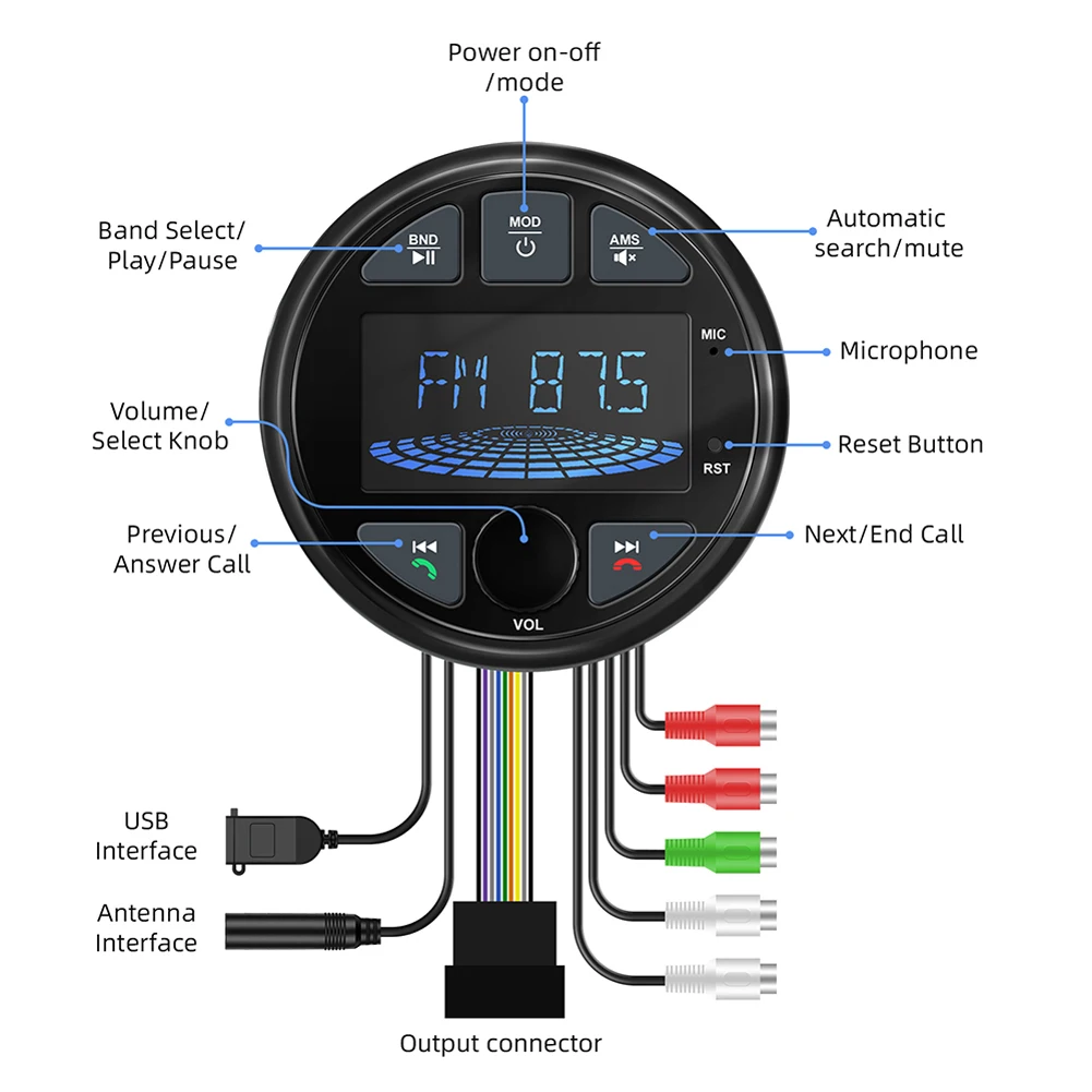 Marine Stereo Boat Radio 4x50W DC 12V LCD Screen BT Digital Media Radio IPX6 Waterproof Boat AM FM Receiver Car
