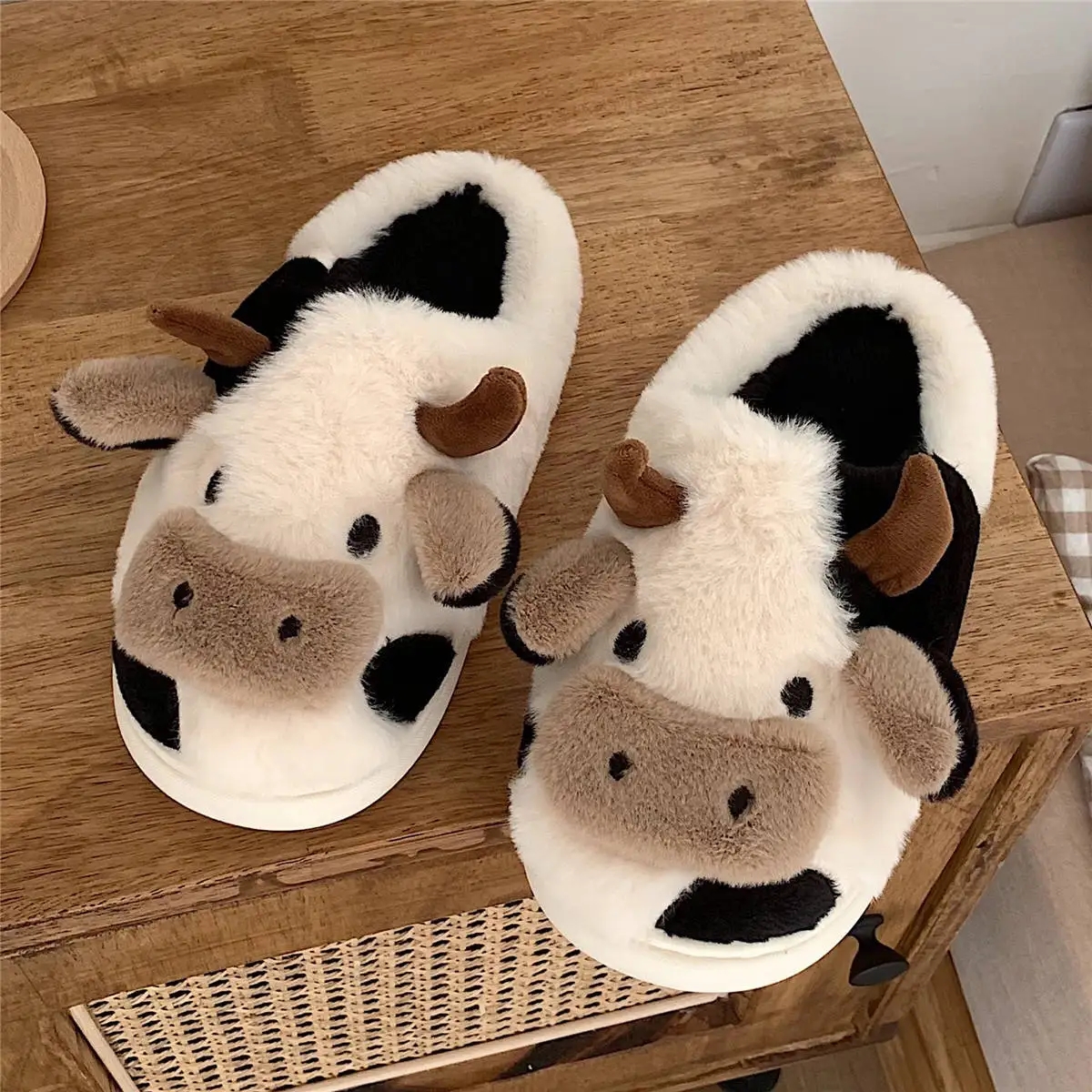 Lifun Cute Furry Slippers For Women Girls Winter Fashion Milk Cow Fluffy Cotton Shoes For Indoor Home Cartoon Animal Warm Slides