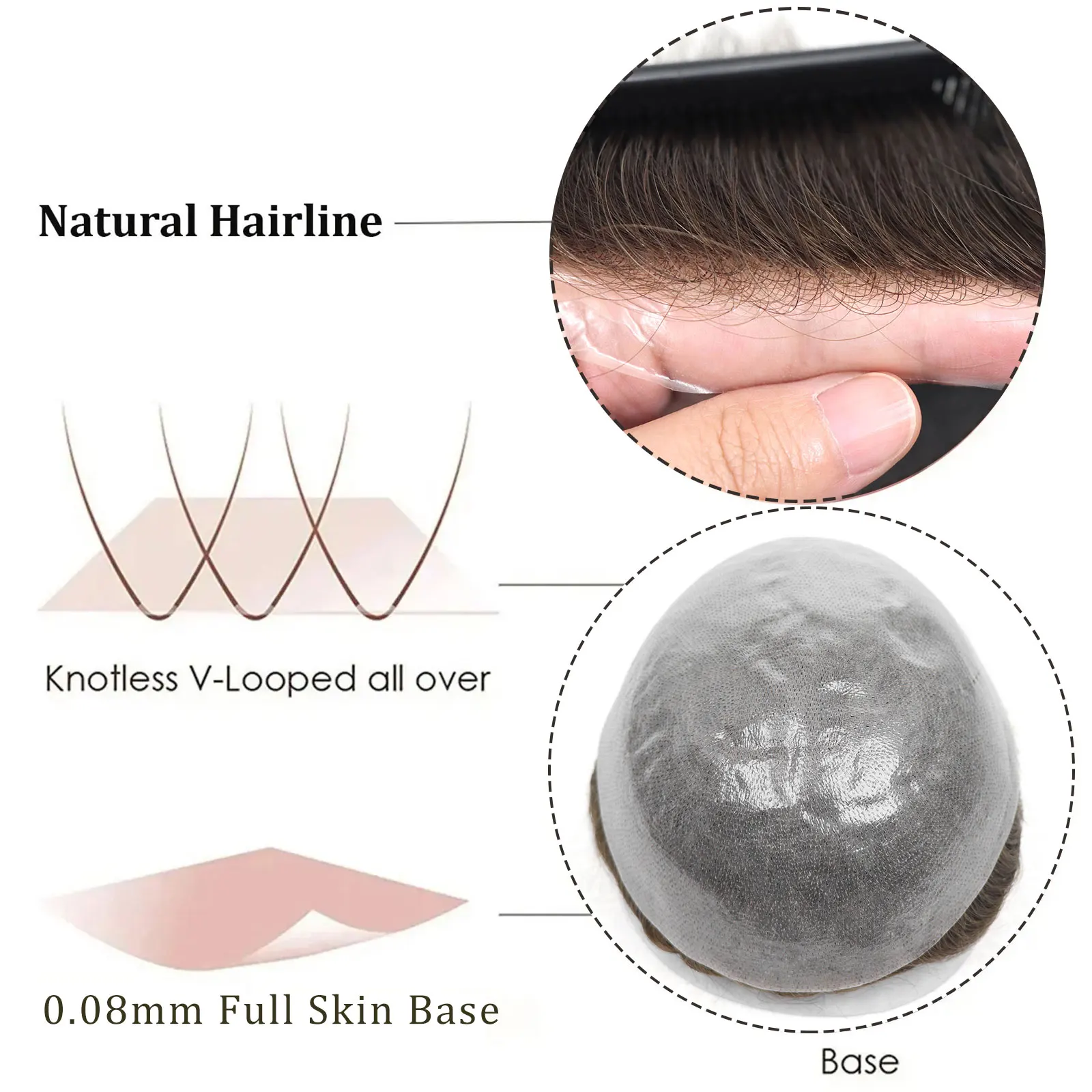 Full Skin PU Men's V Loop Human Hair Toupee 0.08MM