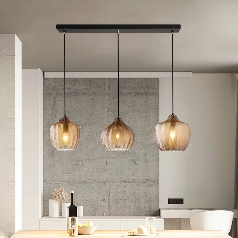 Modern Nordic Amber Glass LED Pendant Lamp For Living Room Bedroom Dining Room Kitchen Bedside Decoration Small Chandelier Light 4