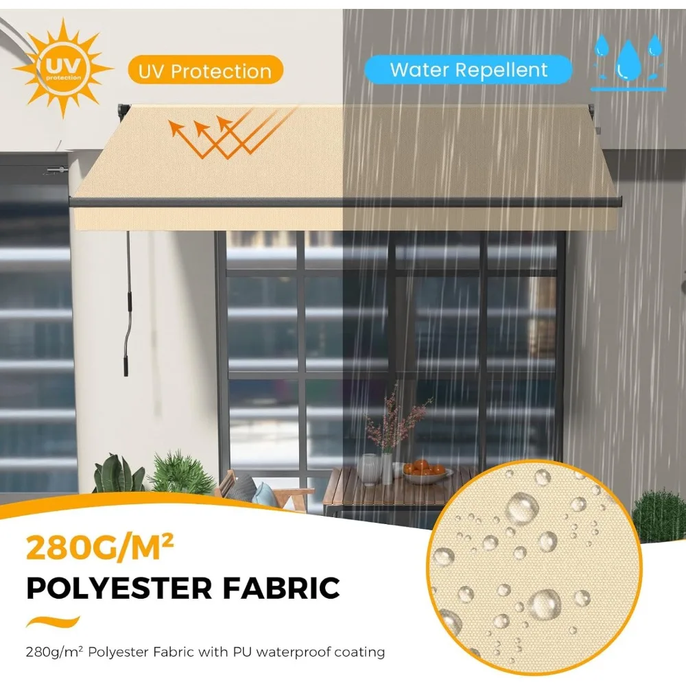 10'W x 8' H Retractable Awning for Patio, Manual Awnings, Sunshade Shelter Crank Handle, UV & Waterproof Polyester Cover and Al 3