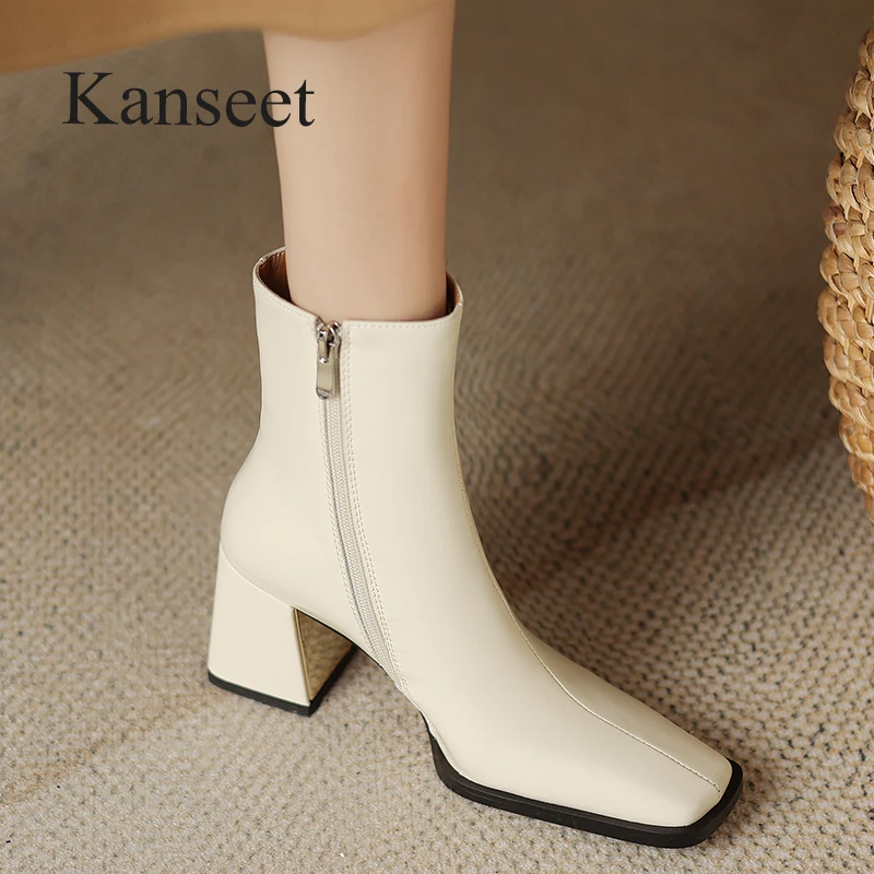 

Kanseet Women Short Boots Fashion Square Toe Zipper Genuine Leather Shoes Autumn Winter Elegant 7cm High Heel Lady Ankle Boot 40