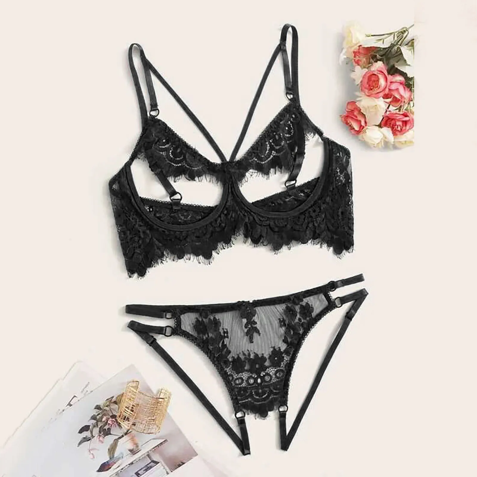 Sexy Women Lace Hollow Out Lingerie Open Bra Unbuttoned Push Up Bra Sponge Breast Underwear Set