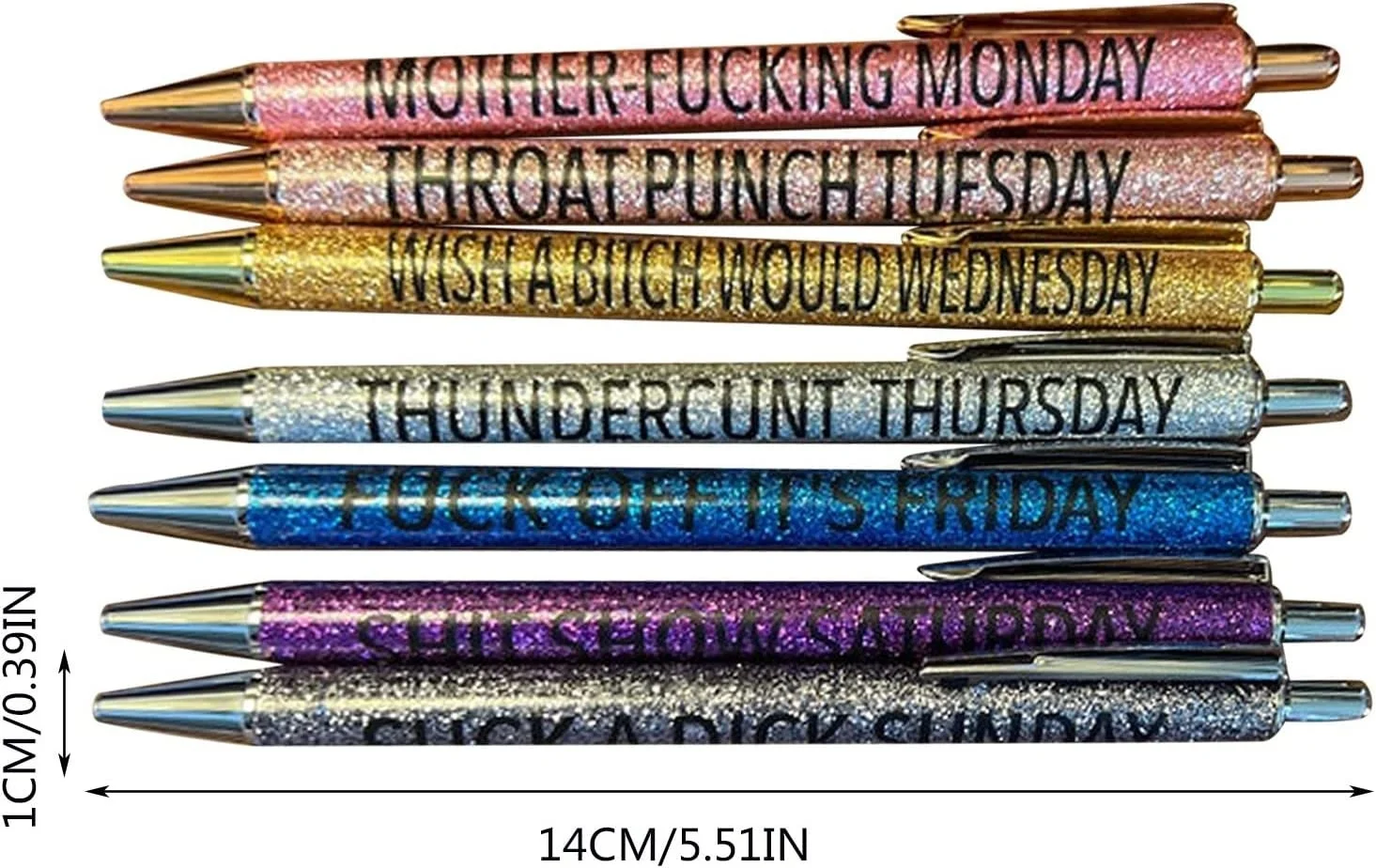  7PCS Funny Pens: Swear Word Daily Pen Set, Weekday Vibes  Glitter Pen Set, Days of the Week Pens, Dirty Cuss Word Pens for Each Day  of the Week