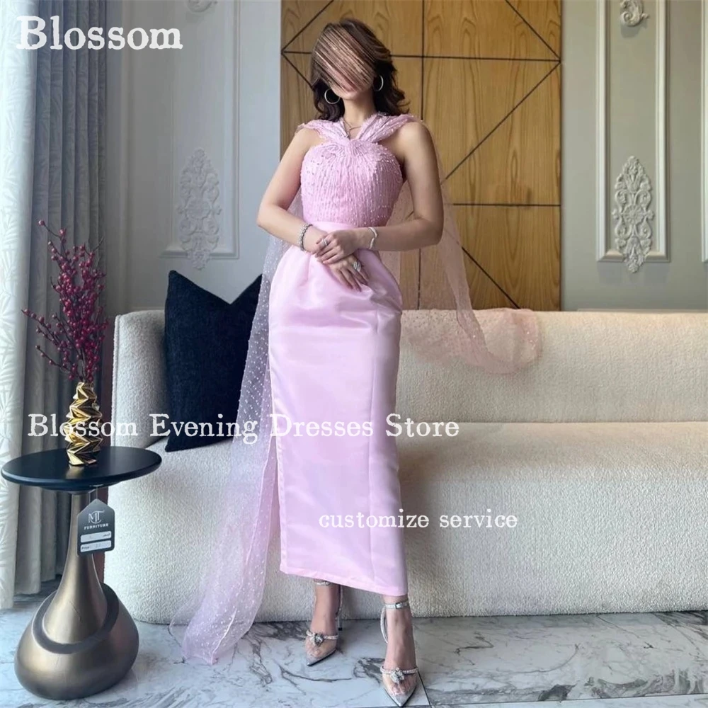 

Pink Sleeveless Simple Prom Dresses Wave Point Tulle Cape Ankle-length Women’s Evening Dresses Wedding Party Dress Vestidos De