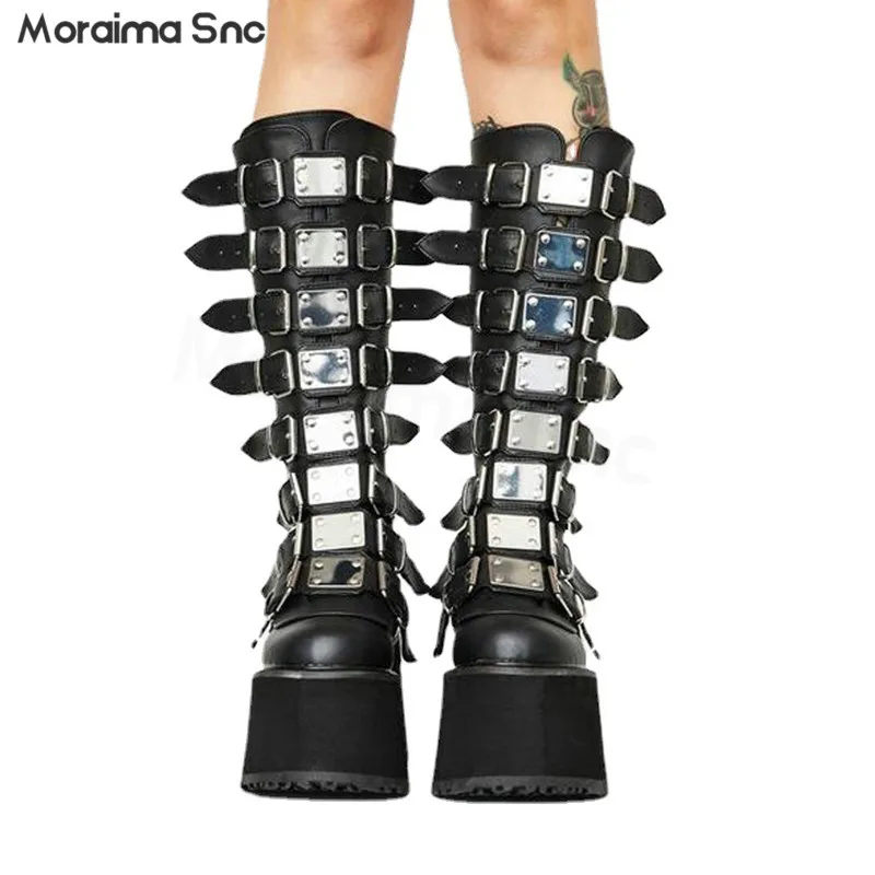 Pink Metal Belt Buckle Platform Boots Y2K Round Toe Heightened Thick-Soled Large Size Personality Fashion High-Top Women's Boots