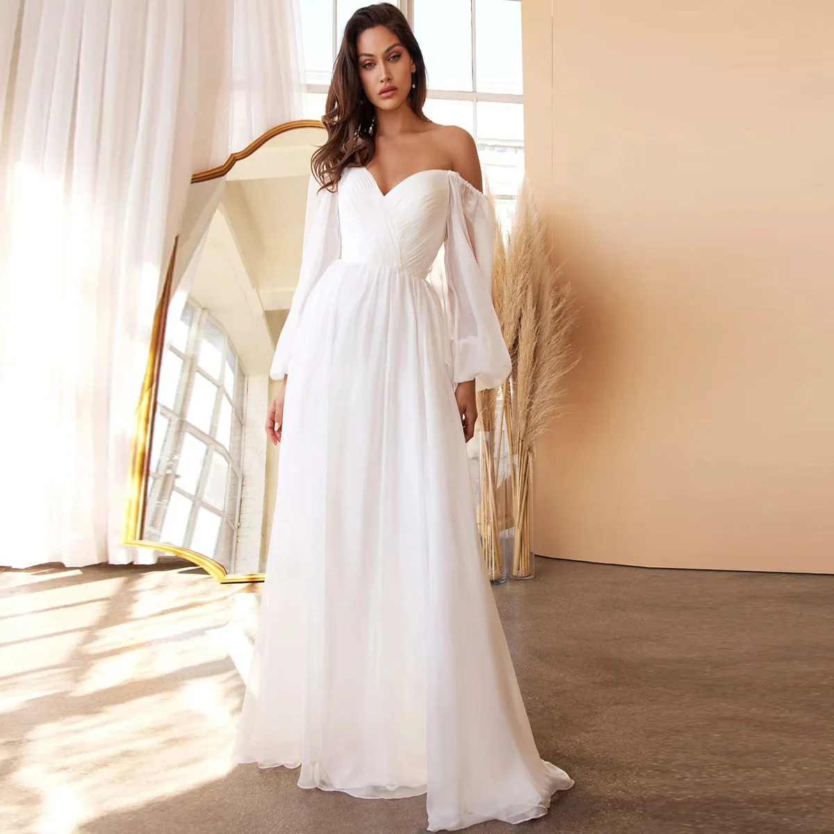 

Off The Shoulder Prom Dress Long Sleeve Backless White Tulle Wedding Party Robe Classic Women Formal Dress Evening Gowns