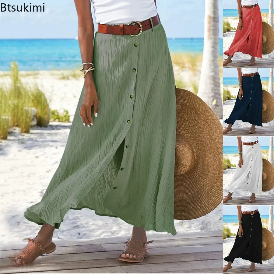 

New 2024 Women's High Waist Cotton Midi Skirt Dress Button Up Solid Slit Hip Tennis Skirts Holiday Beach A Bottomed Skirt Female