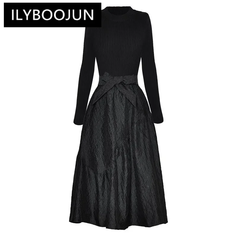 

ILYBOOJUN Autumn Winter Fashion Women's dress Long sleeved Knitted patchwork Lace up Jacquard Black Dresses