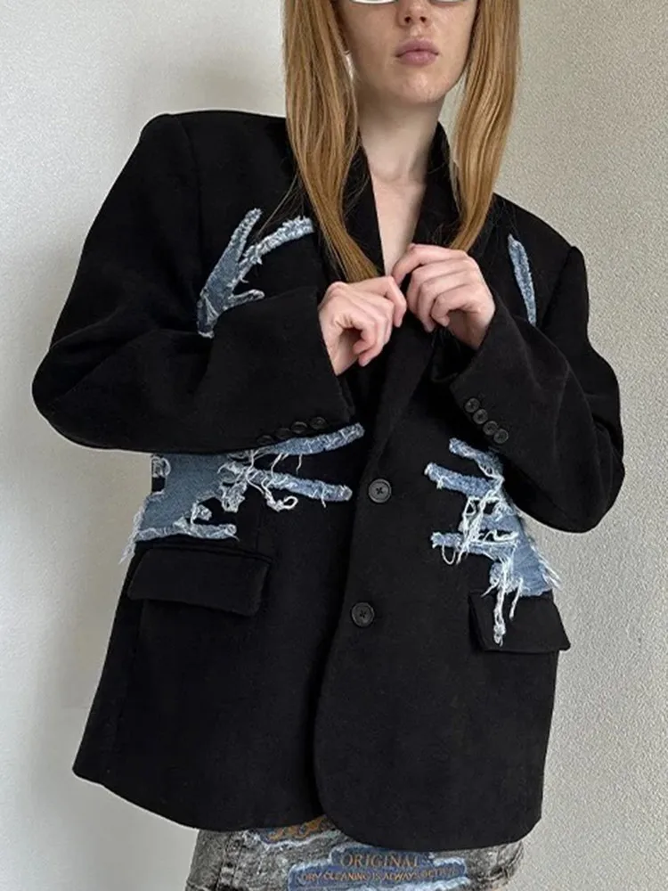 TWOTWINSTYLE Colorblock Spliced Denim Blazers For Women Notched Collar Long Sleeve Patchwork Button Chic Blazer Female Clothing