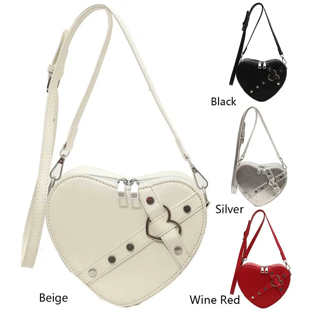 PU crossbody bag women heart small rivet solid color adjustable strap outdoor