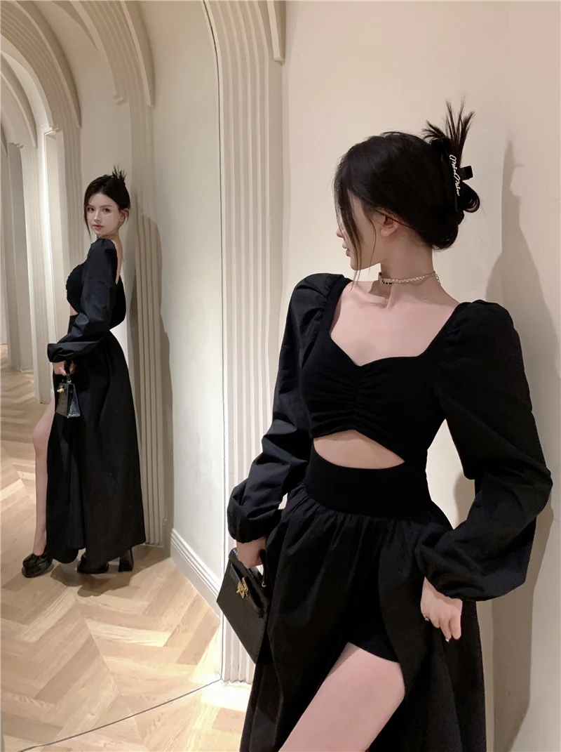 Elegant Black Long Dresses for Women Long Sleeve Square Collar Hollow Out High Slit Evening Party Dress Prom Robe Vestidos Mujer