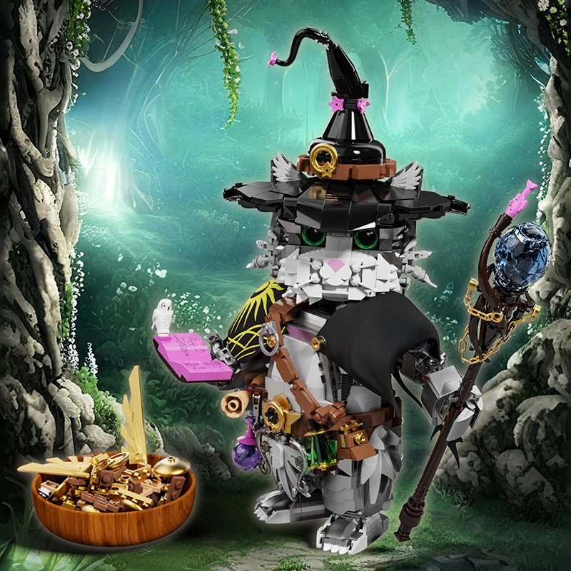 Creative 1458Pcs Magic Wizard Cat Building Blocks Magician Cat