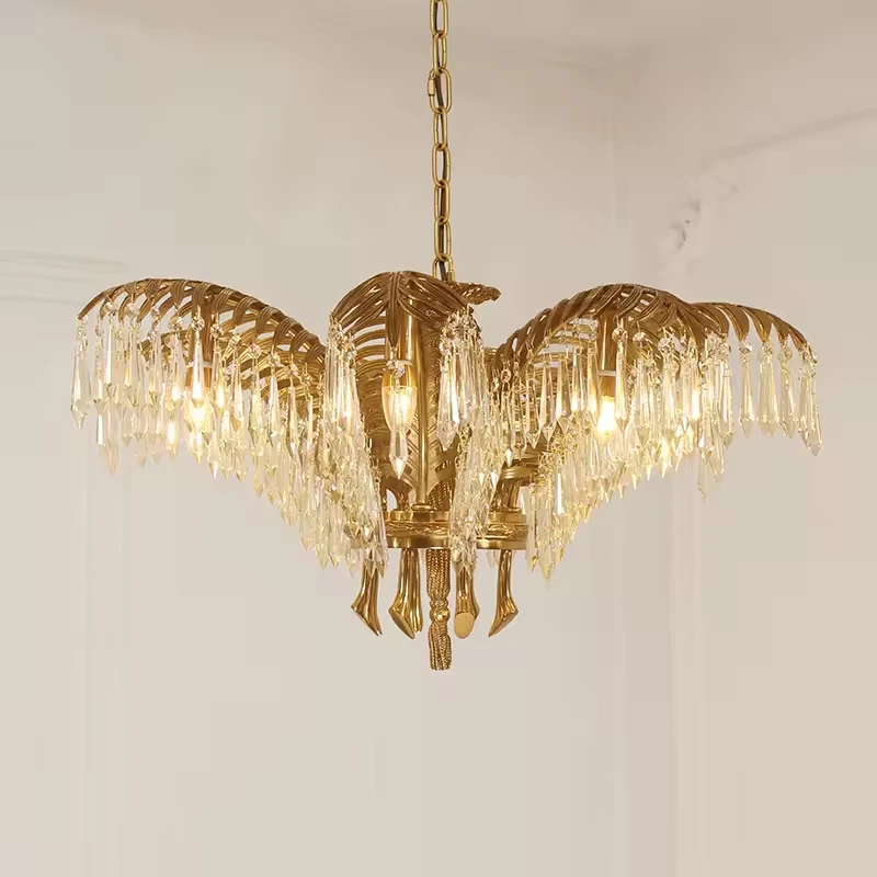 Hand Carving Gold Brass Hanging Pendant Lights Villa Living Room Luxury Crystal Palm Chandelier