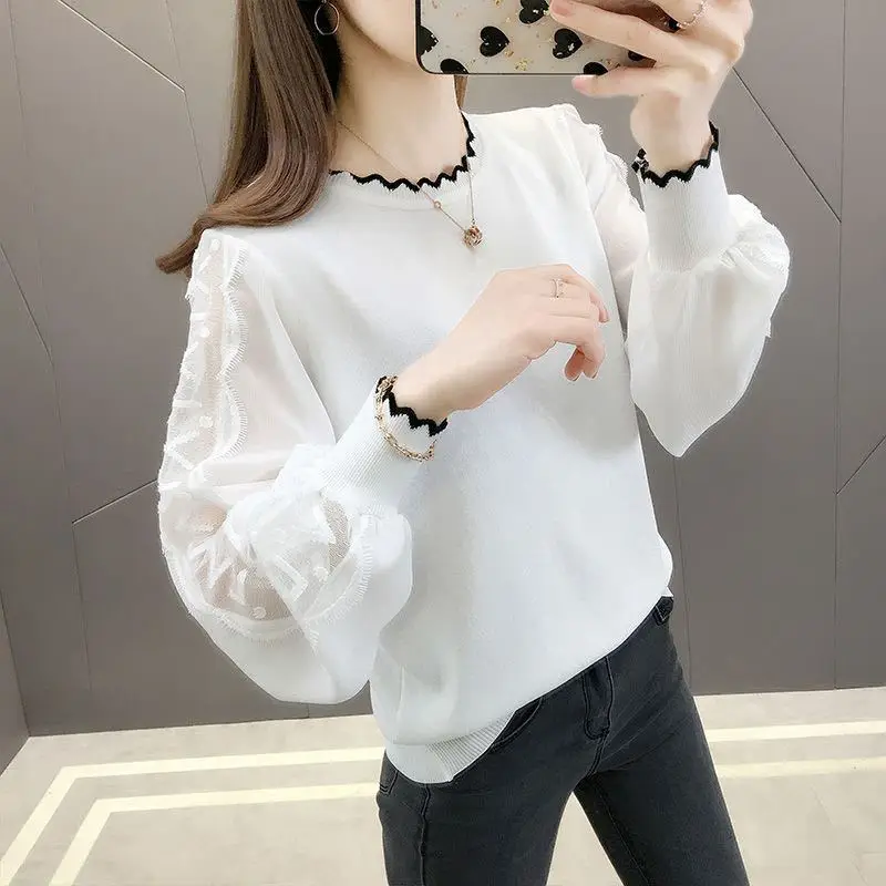 

Autumn and Winter Women's Pullover Round Neck Solid Wave Cut Mesh Embroidery Lantern Long Sleeve Sweater Knit Casual Tee Tops