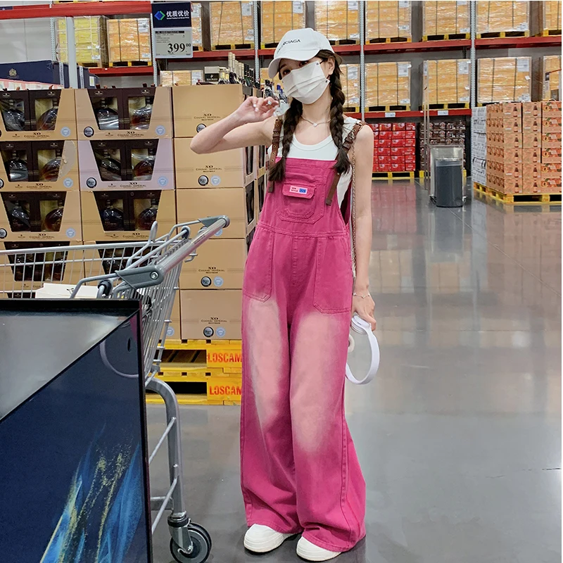 Y2k Pink Baggy Jeans Overalls For Women Wide Leg Pants Rompers Summer 2023 Casual Retro Denim Jumpsuit Trousers Female Playsuits