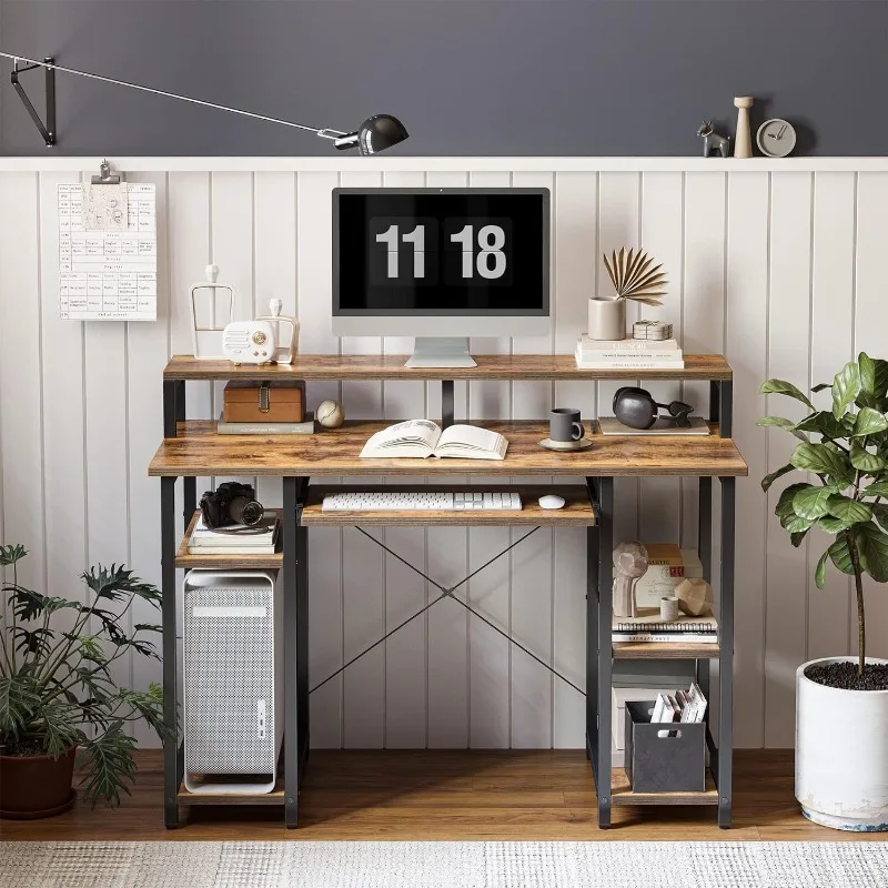 Computer Desk with Keyboard Tray, 47 Inch Office Monitor Stand and Storage Shelves, Music Studio Workstation, Work Table 4