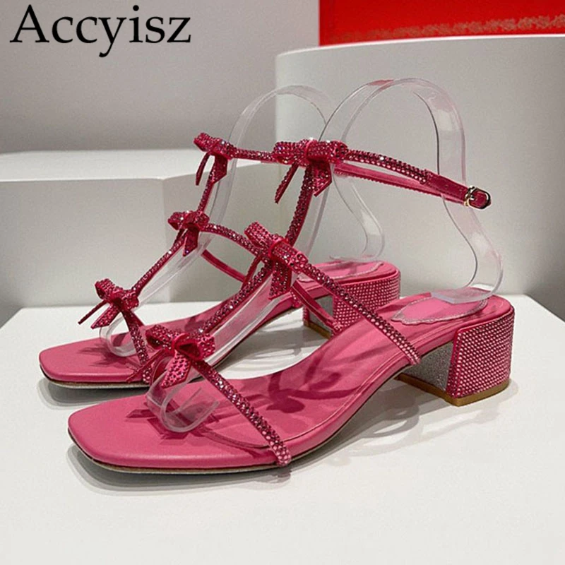 

New Square Toe Chunky Heels Sandals Women Shiny Crystal Butterfly Knot Decor Buckle Strap Summer Outdoor Sexy Modern Sandalas