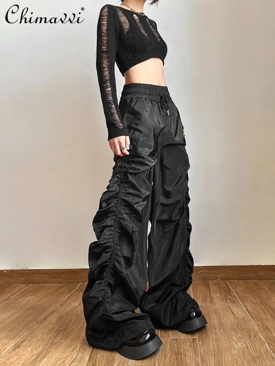 

High Street Black Pleats Drawstring Casual Pants Women 2023 Summer New Fashion Special High Waist Mop Trousers Women's Pants