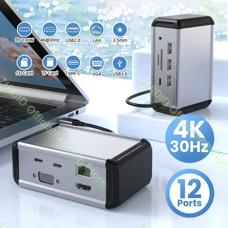 

12 in 1 Type C HUB Vertical Docking Station USB-C to PD100W/4K@30Hz/SD/TF/RJ45/USB3.0/VGA Splitter Hub for MacBook Pro PC Laptop