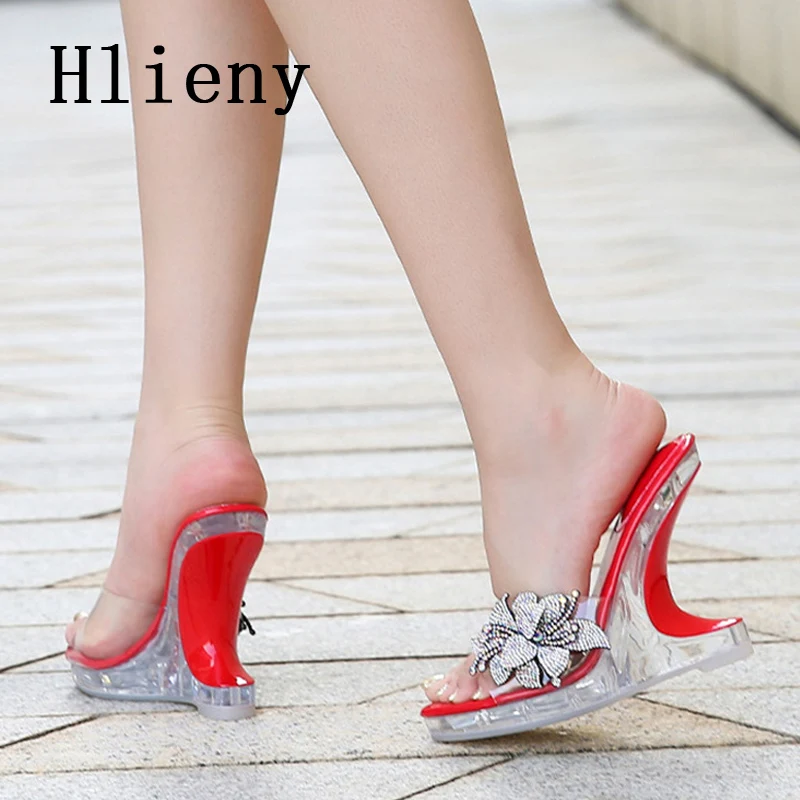 Hlieny Summer Sexy PVC Transparent Wedge Slippers Fashion Crystal Flowers Women's Sandals Strange High Heels Platform Shoes