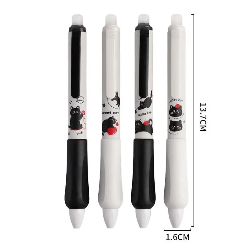 4Pcs 0.5mm 지울 수 있는 푸시 버튼 펜 초등학생을 위한 검은 고양이 디자인 부드러운 쓰기 문구류
