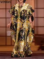 VONDA Plus Size 5XL Fashion Maxi Long Dress 2024 Elegant Satin Dress Sexy Printed Patchwork Bat-wing Sleeve Vestidos Ruffle Robe - Image 3
