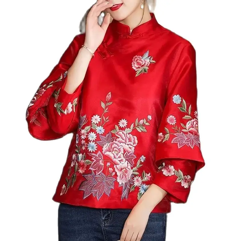 

Spring and Autumn Ethnic Style Tang Suit Coat Retro Embroidery Button Chinese Top Women's Top Elegant Loose Blouse 2023-RERF