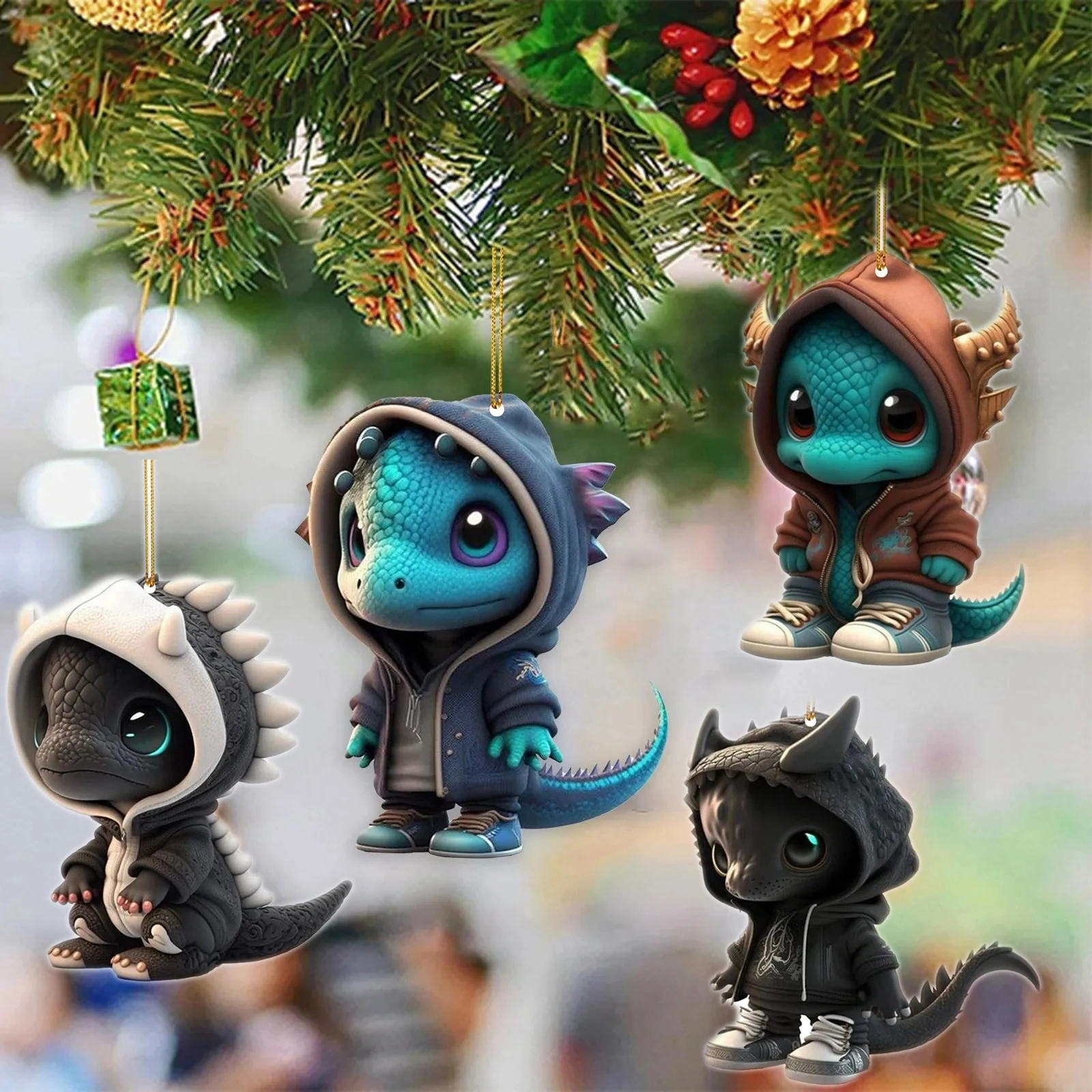 Cartoon Dragon Statue Acrylic Pendant Christmas Tree Decoration Pendants Car Interior Decoration String Bead Hanging Ornament 2D