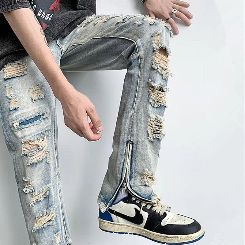 2023 Ropa Grunge Y2K Streetwear Washed Blue Ripped Jeans Pants Men Clothing  Ankle Zipper Slim Vintage Denim Trousers Moda Hombre