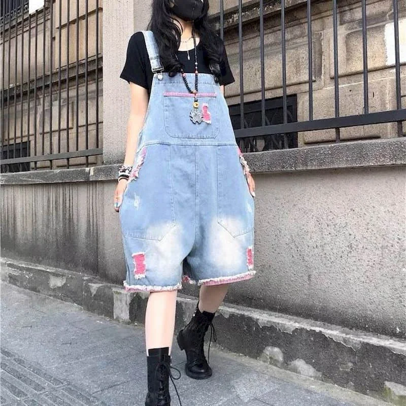 Denim Jumpsuit Women Oversized Loose Shorts Casual One Piece Outfit Women Playsuits Overall for Women Five-point Wide Leg Pants