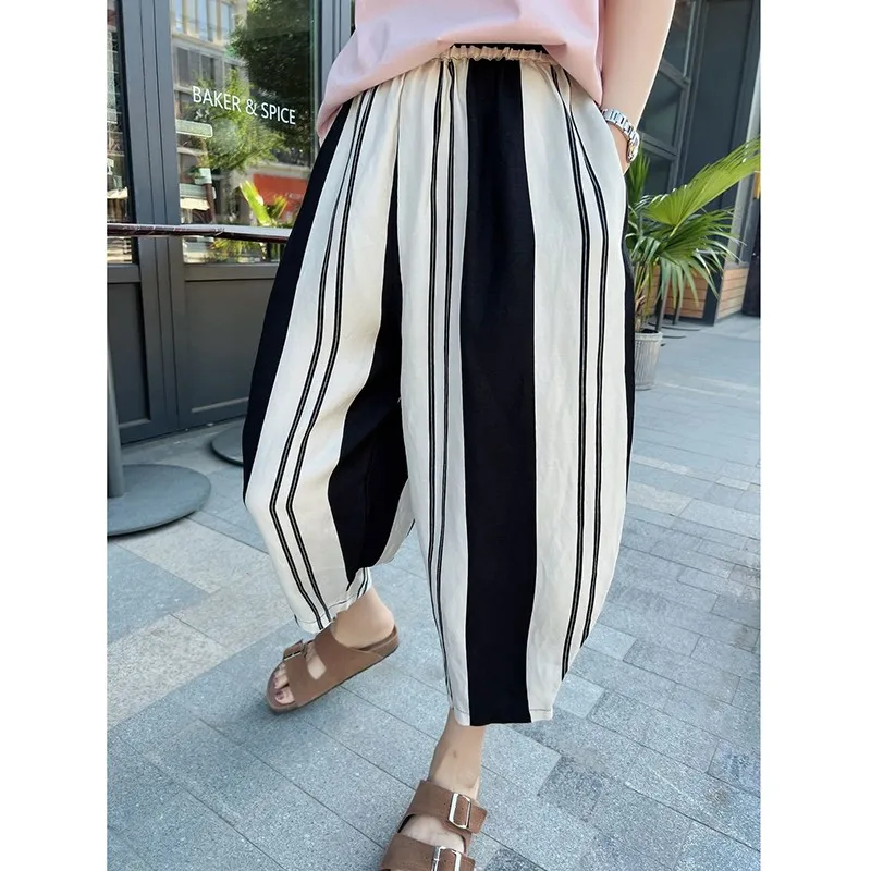 

2024 New Arrival Summer Women All-matched Fashion Ankle-length Pants Casual Loose Elastic Waist Striped Bloomers Pants P18